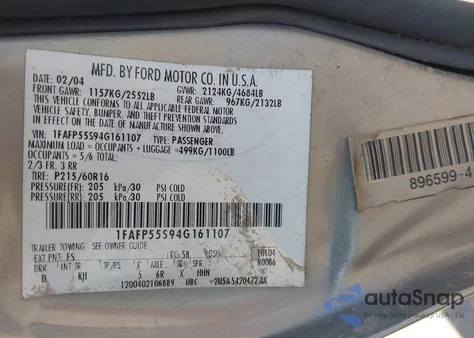 2004 Ford Taurus Ses z USA, uszkodzony, nr VIN 1FAFP55S94G161107